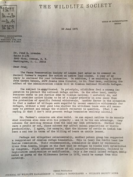scanned typewritten letter on Wildlife Society letterhead