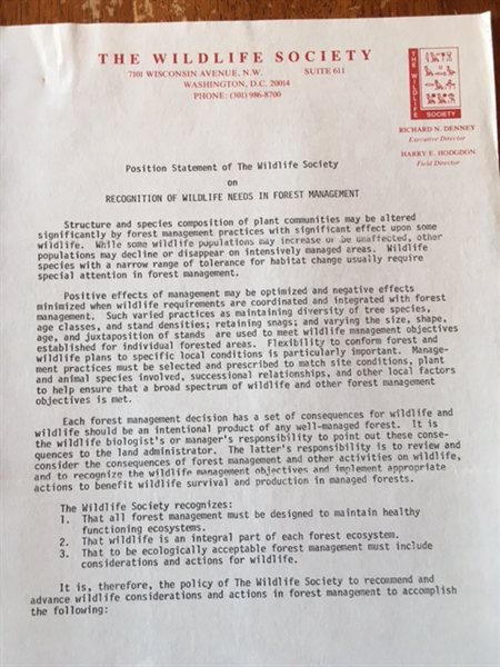 scanned Wildlife Society position statement on letterhead